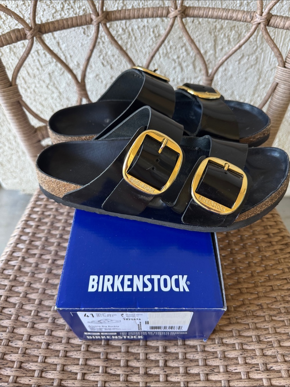 Birkenstock Arizona Big Buckle Sandals in Black with Gold Buckles - Picture 3 of 10
